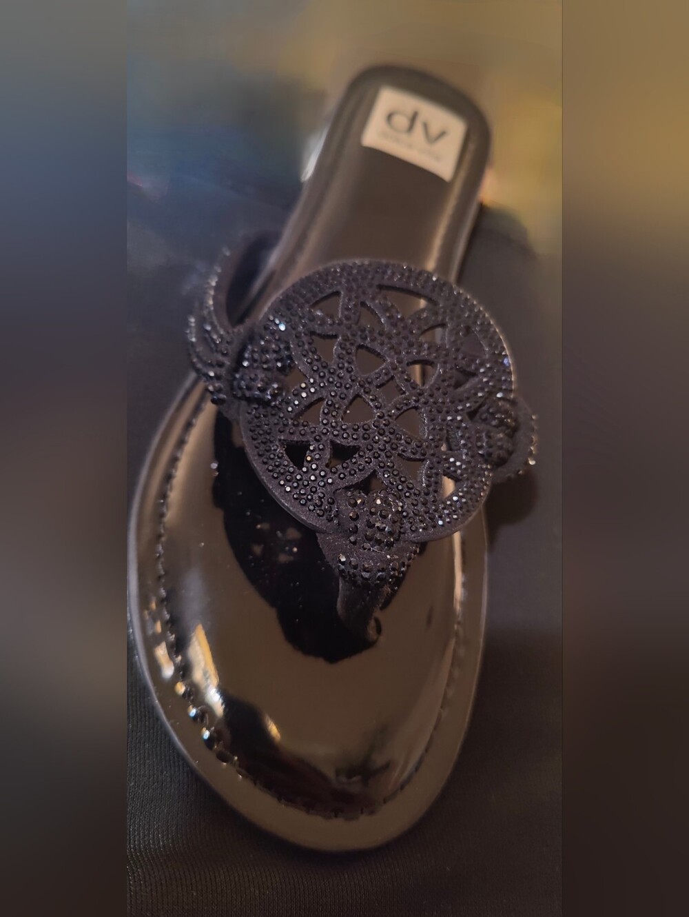 Dolce Vita Black Patent Gotie Rhinestone Strap Jeweled Cutout Sandals Sz 7 NIB